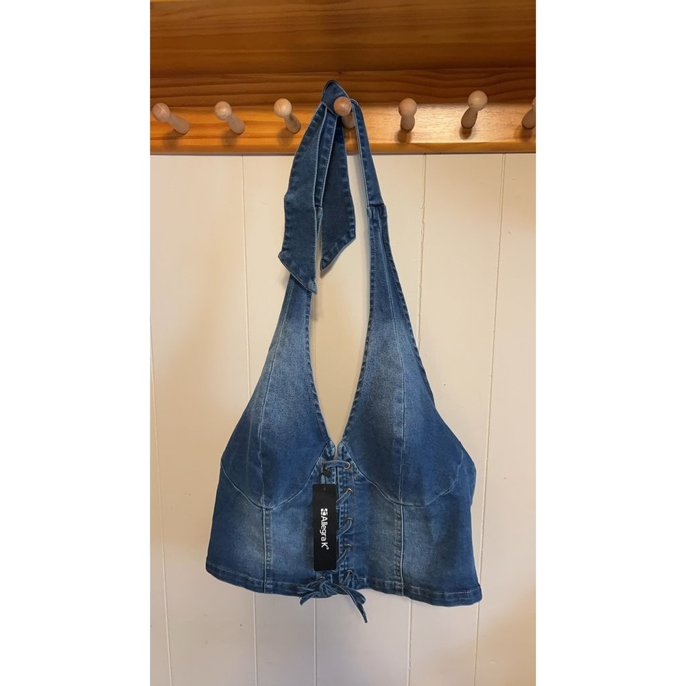 Allegra K Denim Halter Top with Lace-Up Front
